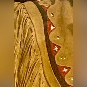 Fringed Suede Heavy Jacket with Red &Black Beadwork Accents, Size xL